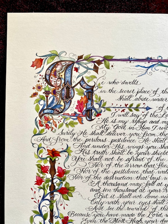 Psalm 91 Print: Bible Art Calligraphy, Old World Design (11x14/8.5x11)