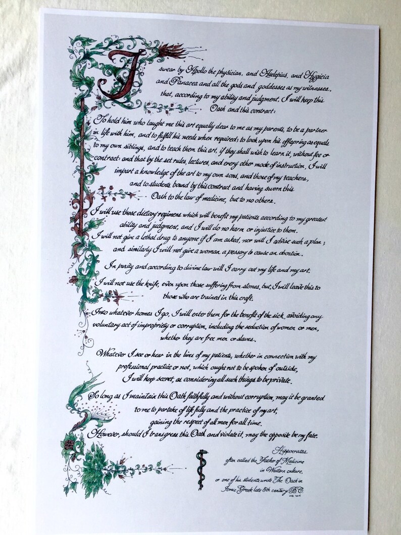 Hippocratic Oath/ Calligraphy/print of Original Hand Done/old | Etsy