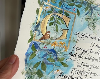 Serenity Prayer Art Print, Sparrow & Daisies, Blue and Gold