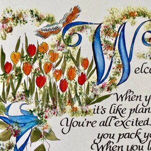 May include: A watercolor painting of a welcome sign with a blue and white 'W' surrounded by green leaves and orange and red tulips. The text reads "When you it's like plan You're all excited. you pack yo When you l "Wel"