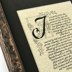 Matted, 8x10 print of orignal hand lettered/The Man in the Arena Quote with 11x14 Mat/Man in the Arena/custom calligraphy.