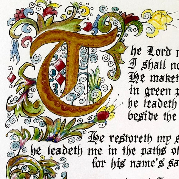 Instant Download/Psalm 23/The Lord is my Sheperd/23rd Psalm/Digital Print of Hand Done Original/water color/filigree/CanterburyFont/8.5x11