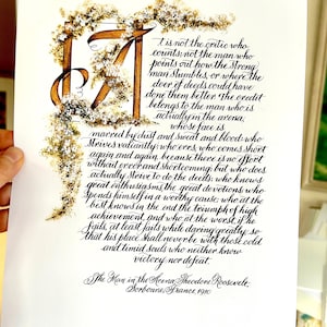 The Man in the Arena/Quote by Theodore Roosevelt/Green/Gold Vine/Paper Only/Print of Hand Lettered Original/Paper Only/11x14