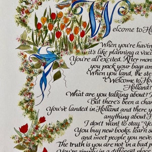 May include: A watercolor painting of a cardinal bird perched on a pair of wooden shoes. The painting features a whimsical handwritten quote about the beauty of Holland, with a floral border and a blue and white 'W' for 'Welcome'.