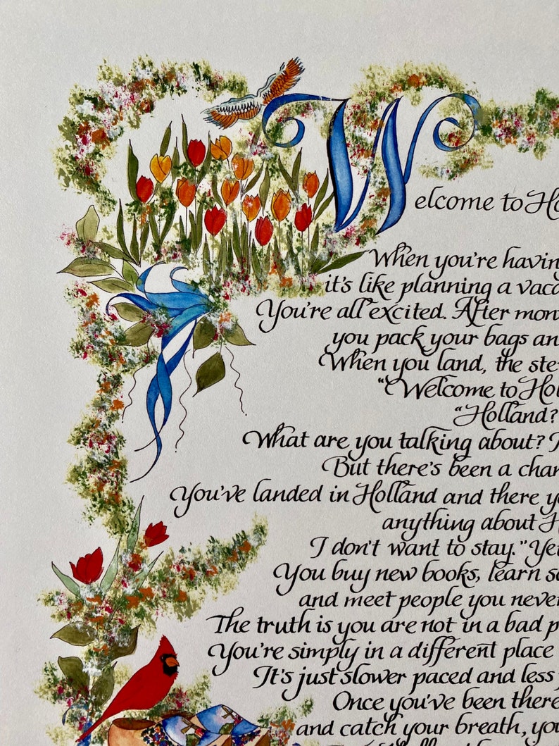 May include: A watercolor painting of a cardinal bird perched on a pair of wooden shoes. The painting features a whimsical handwritten quote about the beauty of Holland, with a floral border and a blue and white 'W' for 'Welcome'.