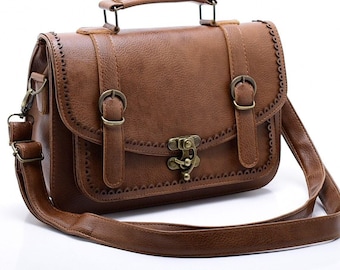 Women's Tan Brown Handbag – Vintage-Inspired Faux Leather Shoulder Bag with Top Handle