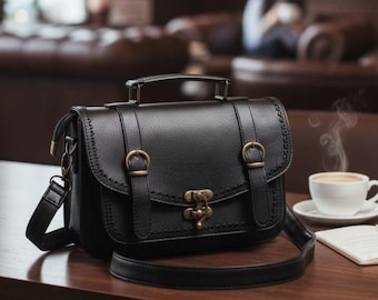Black Vegan Leather Shoulder Bag, Vintage Style Handbag
