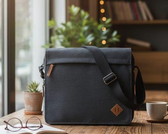 Canvas Laptop Messenger Bag, Unisex Tablet Satchel, School Bookbag