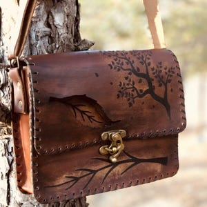 Handmade Leather Crossbody Bag, Rustic Brown Leaf Tree Pattern, Boho Shoulder Bag