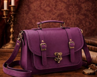 Purple Vegan Leather Shoulder Bag, Vintage Style Handbag