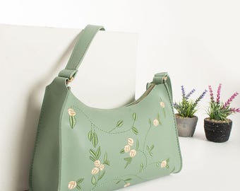 Sage Green Embroidered Shoulder Bag: Elegant Floral Design