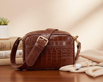 Women's Brown Crocodile-Embossed Crossbody Bag