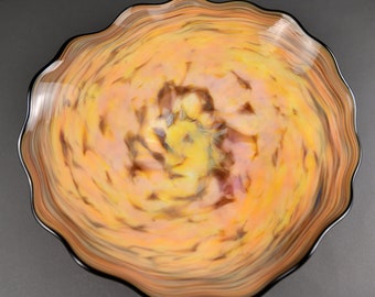 Hand Blown Ruffled Glass Wall Plate in Orange, Pink, Yellow, and Black