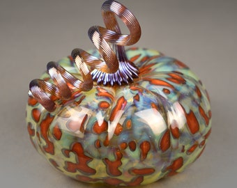 Original Hand Blown Glass Pumpkin in Orange, Blue, Yellow, and Metallic Purple