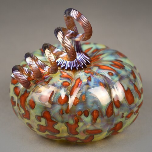 Original Hand Blown Glass Pumpkin in Orange, Blue, Yellow, and Metallic Purple