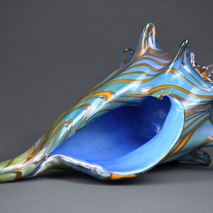 Original Hand Blown Glass Sculpted Seashell in Sky Blue, Green, and Orange