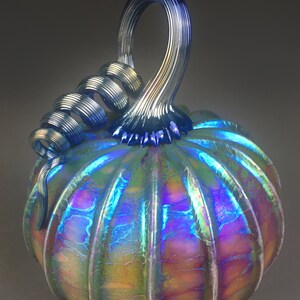 Hand Blown Glass Pumpkin in Yellow , Pink, Amber, Orange, and Metallic Blue, Purple, Silver, Gold image 2