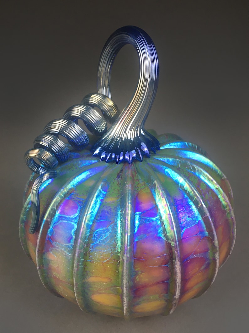 Hand Blown Glass Pumpkin in Yellow , Pink, Amber, Orange, and Metallic Blue, Purple, Silver, Gold image 2