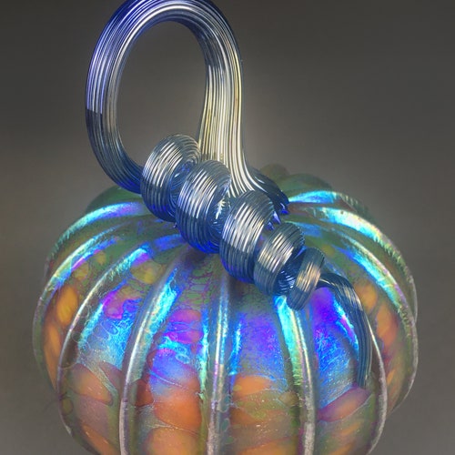 Hand Blown Glass Pumpkin in Yellow , Pink, Amber, Orange, and Metallic Blue, Purple, Silver, Gold