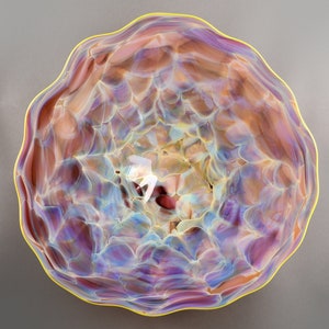 Hand Blown Ruffled Glass Wall Plate in Ruby Red, Purple, Blue, Yellow, and Chartreuse Green