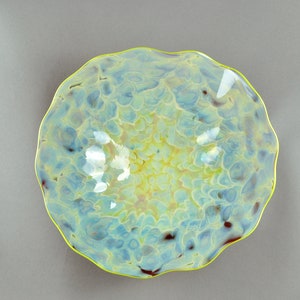 Hand Blown Ruffled Glass Wall Plate in Blue, Yellow, Red and Chartreuse Green
