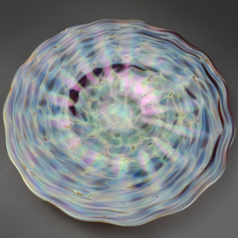 Blue Purple and Metallic Blue Gold Yellow Silver Large Hand Blown Ruffled Glass Wall Plate in Green Purple