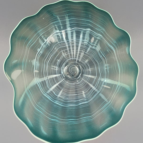 Hand Blown Ruffled Glass Wall Plate in Teal, White, and Mint Green