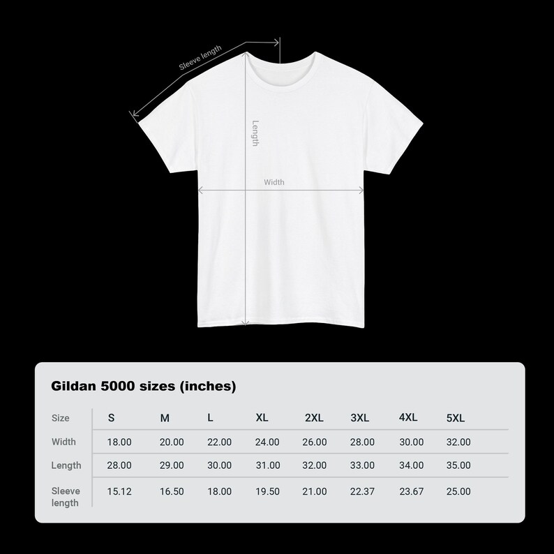 Puede incluir: Una tabla de tallas para camisetas Gildan 5000, que muestra las medidas en pulgadas para el ancho, la longitud y la longitud de la manga. Las tallas van de la S a la 5XL.