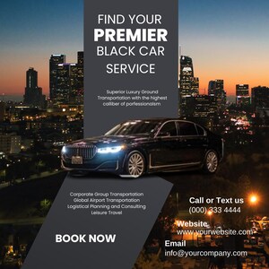 Può includere: Annuncio pubblicitario per un servizio di auto nere. L'immagine presenta una berlina nera con fari luminosi, sullo sfondo di un paesaggio urbano notturno. Il testo include "FIND YOUR PREMIER BLACK CAR SERVICE" e i contatti.