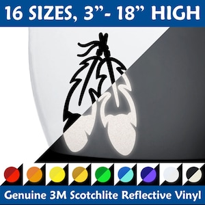 May include: A black and white silhouette of two feathers with a decorative tie at the top. The image shows the decal in both a regular and reflective finish. The text "16 SIZES, 3" - 18" HIGH" is at the top of the image. The text "Genuine 3M Scotchlite Reflective Vinyl" is at the bottom of the image. The image shows a variety of color options for the reflective vinyl.