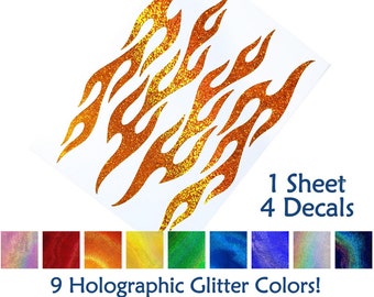 Set of 4 Flames Holographic Glitter Decals, Retro Fire Sticker Kit, Hotrod Flame Transfers / #1334G-SZ