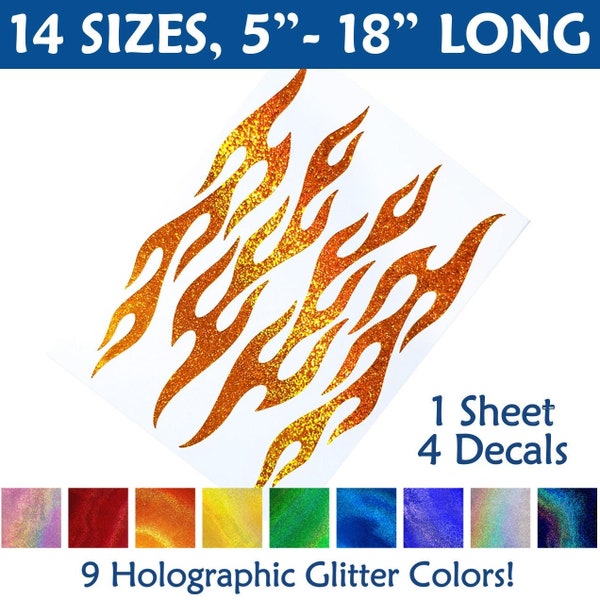 Set of 4 Flames Holographic Glitter Decals, Retro Fire Sticker Kit, Hotrod Flame Transfers / #1334G-SZ