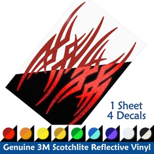 May include: Red reflective vinyl decal with a jagged, abstract design. The decal is on a white background with black at the bottom. The text "1 Sheet 4 Decals" is at the bottom of the image. The image also shows a row of color swatches, including red, orange, yellow, brown, green, blue, turquoise, purple, white, and black.