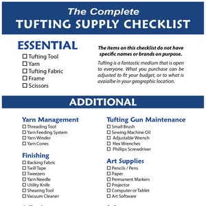 Può includere: Un elenco di controllo dei materiali essenziali e aggiuntivi necessari per il tufting, tra cui la gestione della lana, la finitura, gli adesivi, la manutenzione della pistola per il tufting, i materiali artistici e l'attrezzatura di sicurezza.