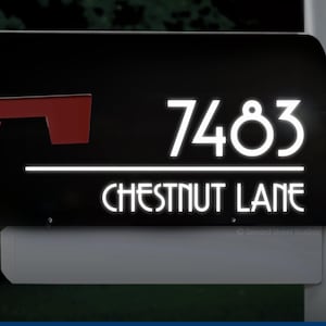 May include: A black mailbox with a white reflective vinyl address number "7483" and street name "CHESTNUT LANE". The address numbers are 3 to 8 inches high. The vinyl is made with 3M Scotchlite reflective material.