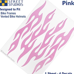 May include: A sheet of pink flame decals, designed to fit bike frames and vented bike helmets. Each decal is 3/4 inches high by 4-3/4 inches wide.