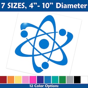 May include: Blue atom symbol decal sticker available in 7 sizes from 4 to 10 inches in diameter and 12 colors.