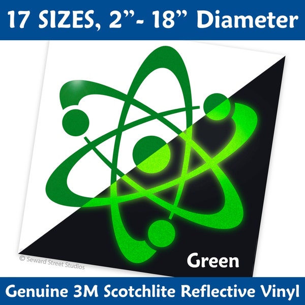 Green Atom Symbol Reflective Decal, Atomic Motorcycle Helmet Reflector Sticker,   Electrons Nucleus Bicycle Transfer / #113R-GN-SZ