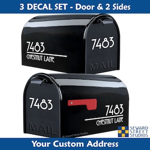 May include: A set of three black mailbox decals with white text. The decals include the house number "7483" and the street name "Chestnut Lane".