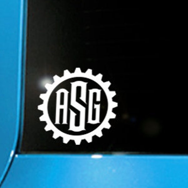 Steampunk Gear Monogram Decal, Personalized Sprocket Laptop Sticker, Custom Initials Cog Window Transfer / 3.50"h x 3.50"w - #667