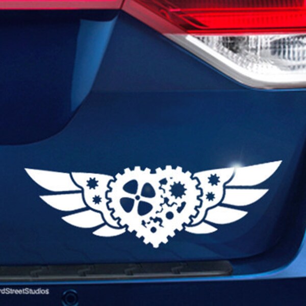 Steampunk Heart With Wings Decal, Heart Laptop Sticker, Gear Wings Car Decal, Dieselpunk Sprocket Heart Sticker / 3"h x 10"w - #665