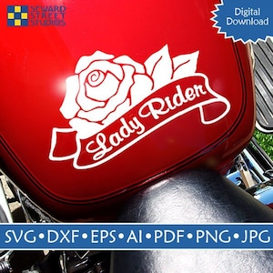 Lady Rider Rose Digital Download, Biker Chick Motorcycle Girl, Cut Ready Vector Art, Silhouette, Circuit, svg dxf eps ai pdf png jpg / #477D