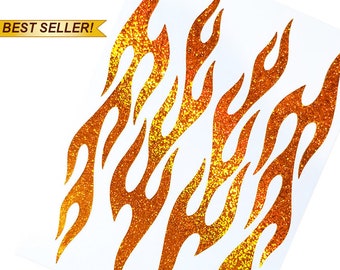 Set of 4 Flames Holographic Glitter Decals, Retro Fire  Motorcycle Helmet Sticker Kit, Hotrod Flame Bike Bicycle Frame Transfers / #876G