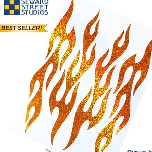 May include: Orange glitter flame decals.  These decals are perfect for adding a touch of flair to your car, motorcycle, or other vehicle.  They are also great for decorating your home, office, or craft projects.  Best Seller!