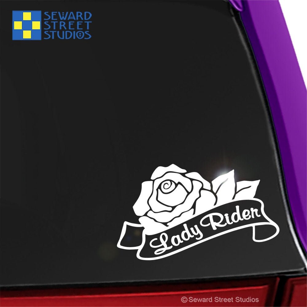 Female Motorcycle Sticker Lady Rider Decal, Biker Chick Rose Saddlebag Flower Sticker, Female ...