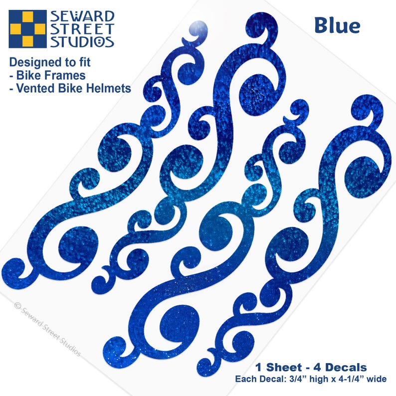 May include: A sheet of four blue glittery scrollwork decals designed for bike frames and vented bike helmets. The text reads Seward Street Studios, Blue, Designed to fit Bike Frames, Vented Bike Helmets, and 1 Sheet - 4 Decals, Each Decal: 3/4" high x 4-1/4" wide.