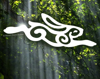 Spiral Hare Vinyl Decal, Leaping Rabbit Window Sticker, Celtic Laptop Bunny, Pagan Ostara / 2.75"h x 7.50"w - #1306
