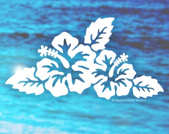 Hibiscus Flowers Decal, Tropical Island Flower Sticker, Summer Beach Vacation Flowers Decal / 3.25"h x 6.25"w - #1181