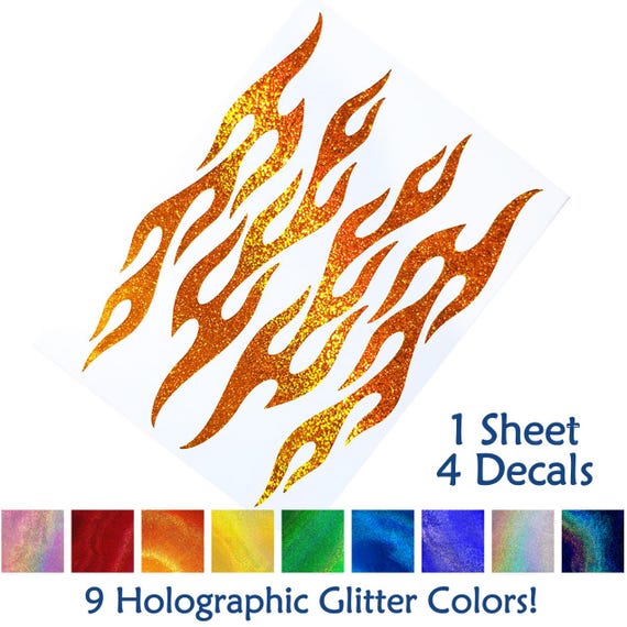 Set of 4 Flames Holographic Glitter Decals, Retro Fire Sticker Kit, Hotrod Flame Transfers / #1334G-SZ