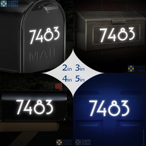 May include: Four images showing different sizes of white reflective house numbers on various surfaces. The numbers are 7483. The sizes are 2 inches, 3 inches, 4 inches, and 5 inches.